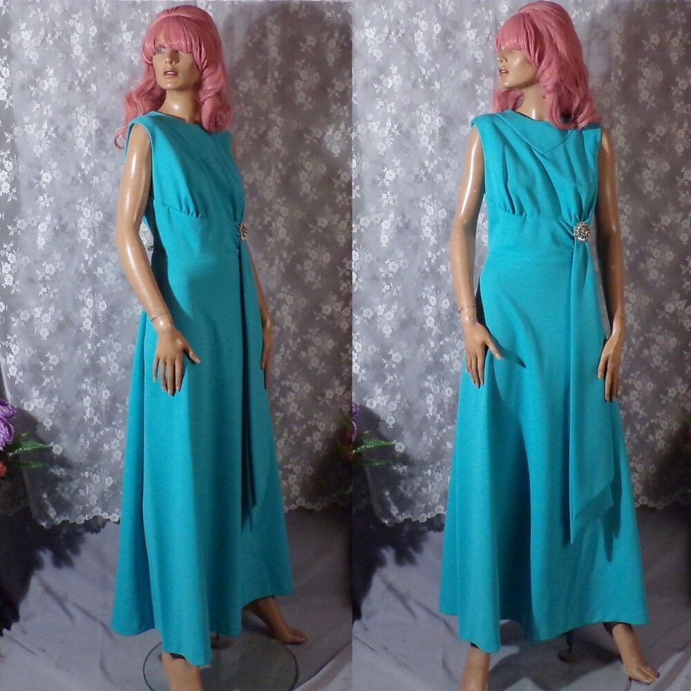 Vintage 60s Blue Maxi Gown Size Medium 1960s Retro Mod Boho Glam Long Sleeveless